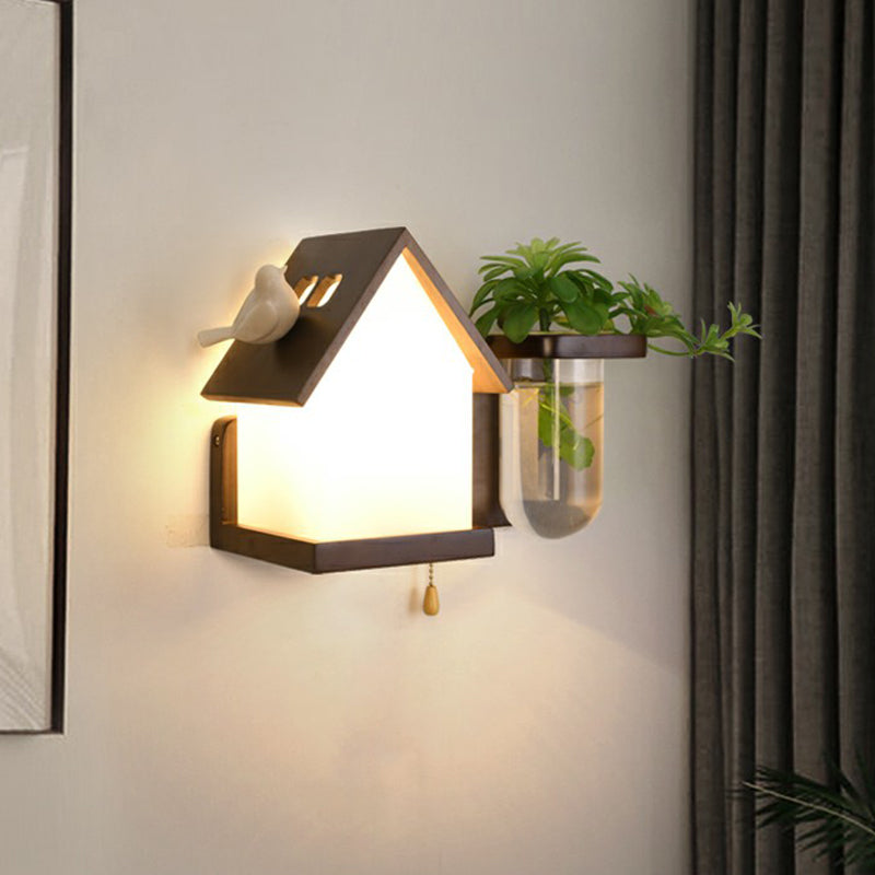 Decorative Geometric Wall Lighting Ivory Glass 1-Light Bedside Sconce with Plant Container Clearhalo 'Wall Lamps & Sconces' 'Wall Lights' Lighting' 2385284