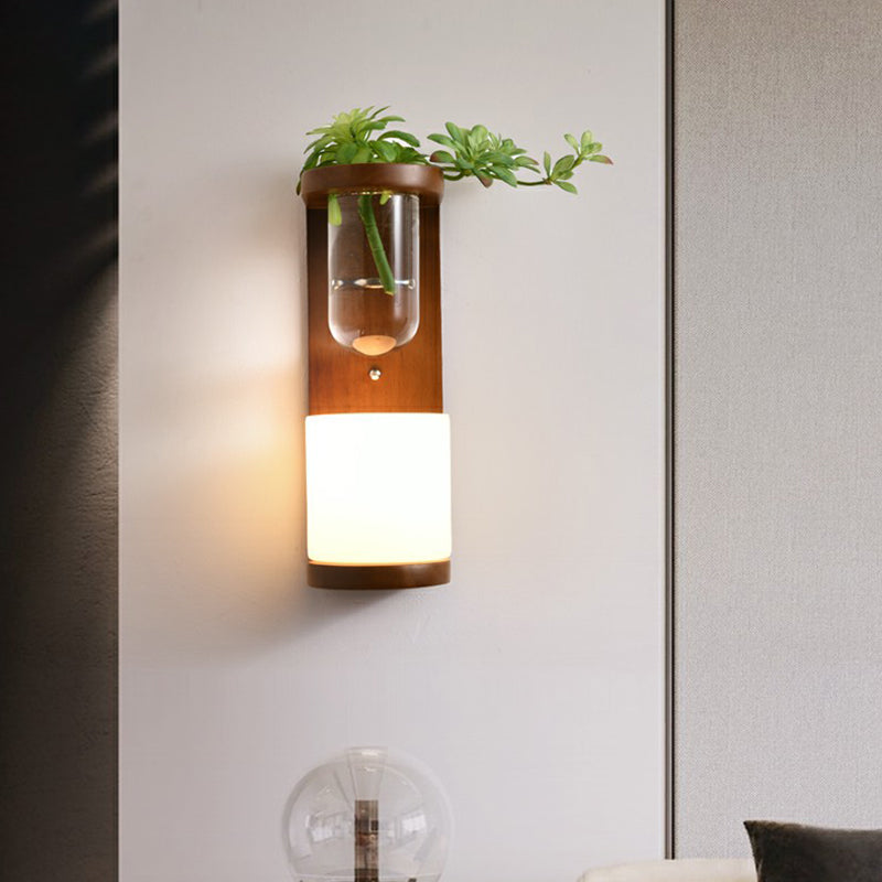 Decorative Geometric Wall Lighting Ivory Glass 1-Light Bedside Sconce with Plant Container Brown Long Column Clearhalo 'Wall Lamps & Sconces' 'Wall Lights' Lighting' 2385286