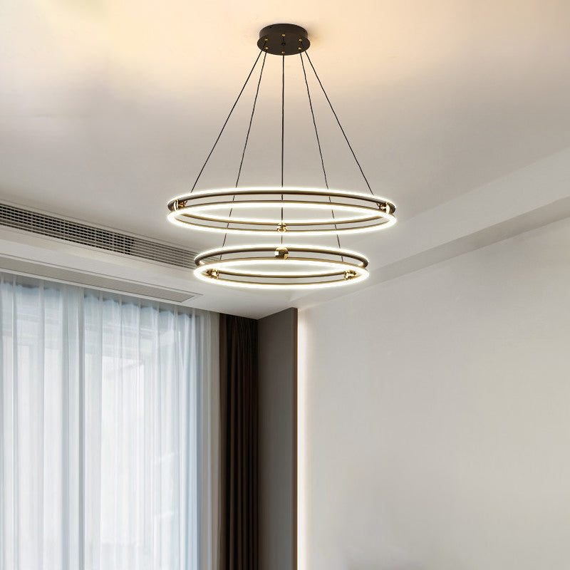 Black and White Circle Chandelier Minimalistic Aluminum LED Hanging Light for Dining Room Clearhalo 'Ceiling Lights' 'Chandeliers' 'Modern Chandeliers' 'Modern' Lighting' 2385351