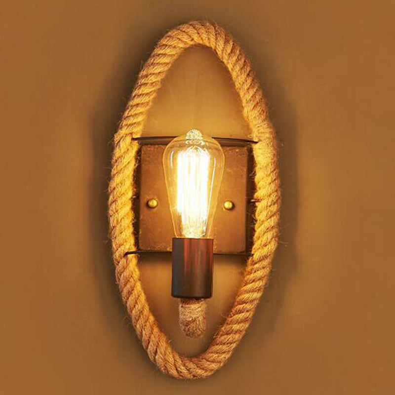 Metal Open Bulb Wall Lamp Farmhouse 1 Head Corridor Sconce with Roped Ring in Brown Brown Oval Clearhalo 'Industrial wall lights' 'Industrial' 'Middle century wall lights' 'Tiffany' 'Wall Lamps & Sconces' 'Wall Lights' Lighting' 2385425