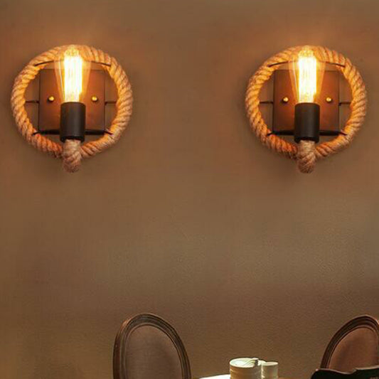 Metal Open Bulb Wall Lamp Farmhouse 1 Head Corridor Sconce with Roped Ring in Brown Brown Round Clearhalo 'Industrial wall lights' 'Industrial' 'Middle century wall lights' 'Tiffany' 'Wall Lamps & Sconces' 'Wall Lights' Lighting' 2385427