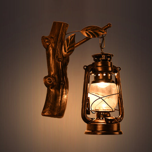Rustic Oil Lantern Wall Lighting 1 Head Clear Glass Sconce Fixture in Black for Corridor Black Left Clearhalo 'Art deco wall lights' 'Cast Iron' 'Glass' 'Industrial wall lights' 'Industrial' 'Middle century wall lights' 'Modern' 'Rustic wall lights' 'Tiffany' 'Traditional wall lights' 'Wall Lamps & Sconces' 'Wall Lights' Lighting' 2385432