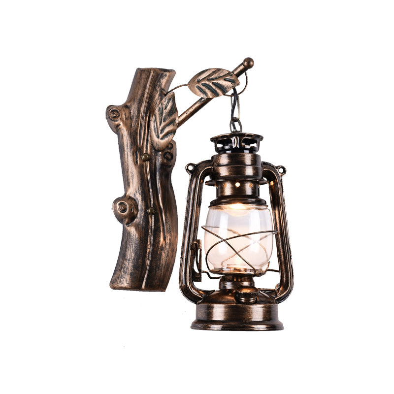 Rustic Oil Lantern Wall Lighting 1 Head Clear Glass Sconce Fixture in Black for Corridor Clearhalo 'Art deco wall lights' 'Cast Iron' 'Glass' 'Industrial wall lights' 'Industrial' 'Middle century wall lights' 'Modern' 'Rustic wall lights' 'Tiffany' 'Traditional wall lights' 'Wall Lamps & Sconces' 'Wall Lights' Lighting' 2385434