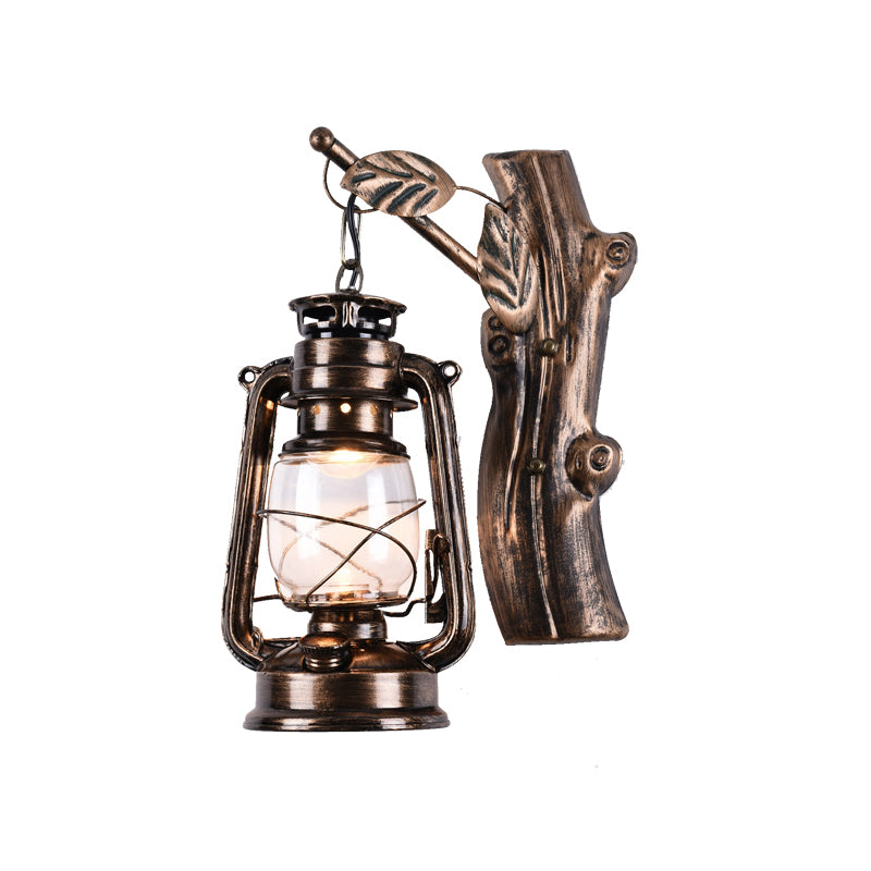 Rustic Oil Lantern Wall Lighting 1 Head Clear Glass Sconce Fixture in Black for Corridor Clearhalo 'Art deco wall lights' 'Cast Iron' 'Glass' 'Industrial wall lights' 'Industrial' 'Middle century wall lights' 'Modern' 'Rustic wall lights' 'Tiffany' 'Traditional wall lights' 'Wall Lamps & Sconces' 'Wall Lights' Lighting' 2385435