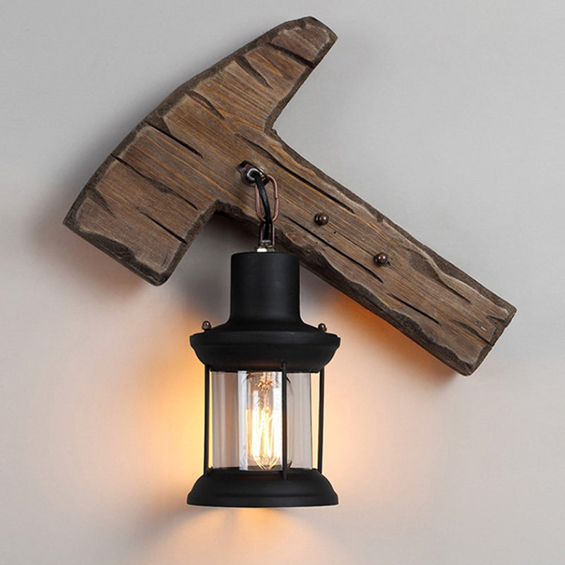 Wood Shiplap Wall Lamp Fixture Country 1-Light Restaurant Wall Mount Light in Brown Brown Hammer Clearhalo 'Industrial wall lights' 'Industrial' 'Middle century wall lights' 'Rustic wall lights' 'Tiffany' 'Wall Lamps & Sconces' 'Wall Lights' Lighting' 2385444
