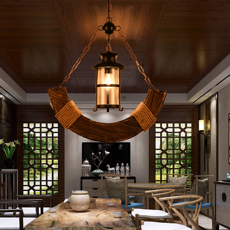 1-Bulb Cylindrical Pendant Lamp Nautical Brown Clear Glass Hanging Light with Arch Wood Deco Clearhalo 'Art Deco Pendants' 'Cast Iron' 'Ceiling Lights' 'Ceramic' 'Crystal' 'Industrial Pendants' 'Industrial' 'Metal' 'Middle Century Pendants' 'Pendant Lights' 'Pendants' 'Tiffany' Lighting' 2385447