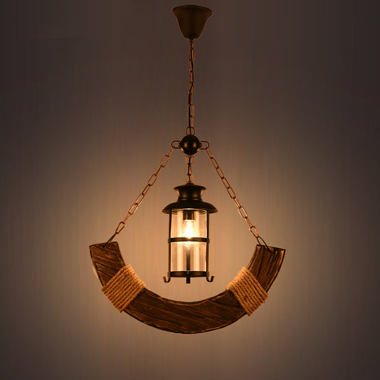1-Bulb Cylindrical Pendant Lamp Nautical Brown Clear Glass Hanging Light with Arch Wood Deco Clearhalo 'Art Deco Pendants' 'Cast Iron' 'Ceiling Lights' 'Ceramic' 'Crystal' 'Industrial Pendants' 'Industrial' 'Metal' 'Middle Century Pendants' 'Pendant Lights' 'Pendants' 'Tiffany' Lighting' 2385448