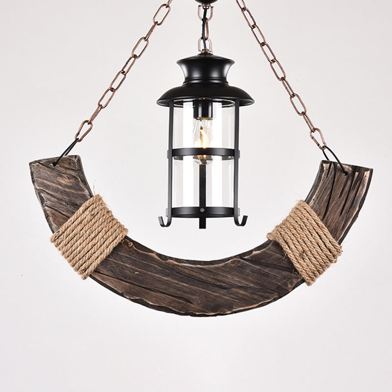 1-Bulb Cylindrical Pendant Lamp Nautical Brown Clear Glass Hanging Light with Arch Wood Deco Brown Clearhalo 'Art Deco Pendants' 'Cast Iron' 'Ceiling Lights' 'Ceramic' 'Crystal' 'Industrial Pendants' 'Industrial' 'Metal' 'Middle Century Pendants' 'Pendant Lights' 'Pendants' 'Tiffany' Lighting' 2385450