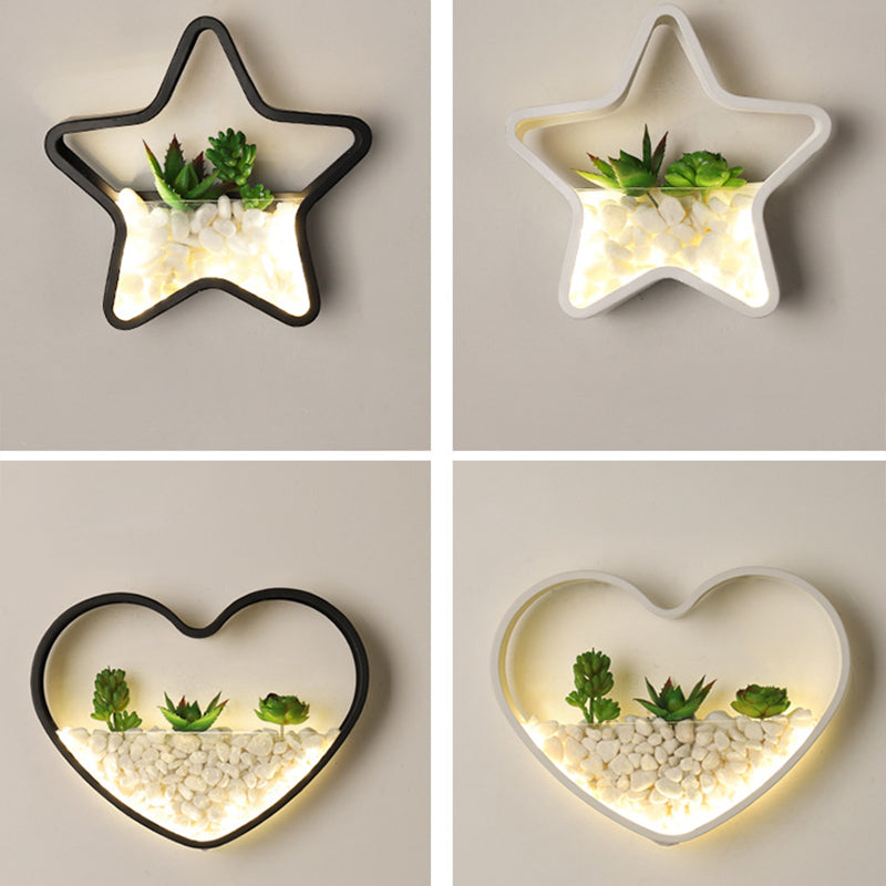 Metal Halo LED Sconce Light Art Deco Wall Mounted Light with Cobblestone and Imitation Plant Black Third Gear Loving Heart Clearhalo 'Wall Lamps & Sconces' 'Wall Lights' Lighting' 2385454