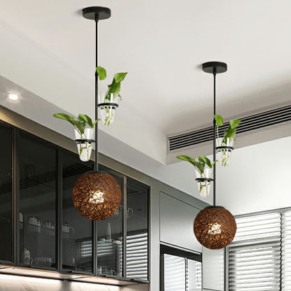 Single-Bulb Spherical Pendulum Light Decorative Rattan Hanging Lamp with Cone Glass Plant Container Brown Clearhalo 'Ceiling Lights' 'Pendant Lights' 'Pendants' Lighting' 2385468