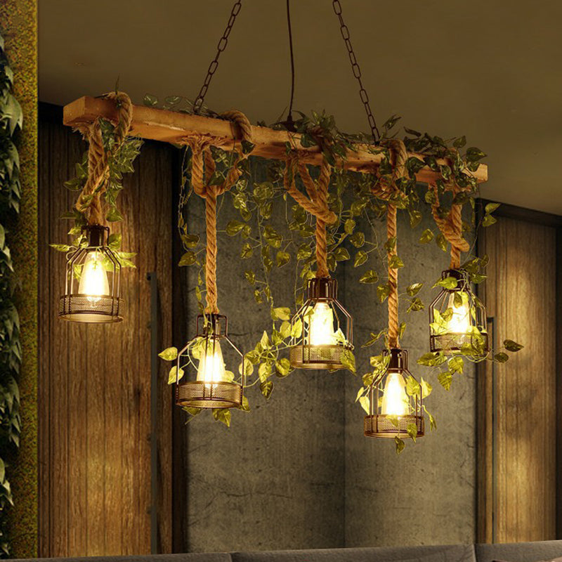 Wooden Brown Island Light Linear 5 Heads Rustic Pendant Light with Cage Shade and Green Art Ivy Clearhalo 'Ceiling Lights' 'Island Lights' Lighting' 2385518
