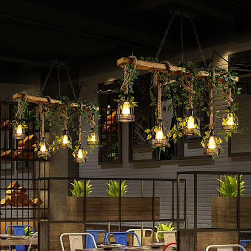 Wooden Brown Island Light Linear 5 Heads Rustic Pendant Light with Cage Shade and Green Art Ivy Clearhalo 'Ceiling Lights' 'Island Lights' Lighting' 2385519