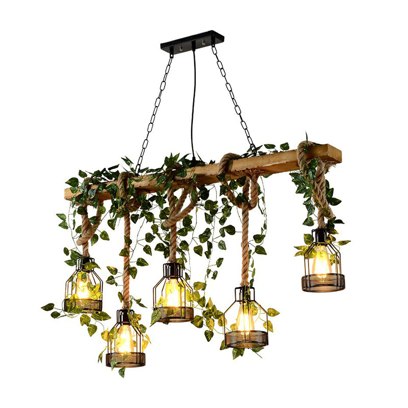 Wooden Brown Island Light Linear 5 Heads Rustic Pendant Light with Cage Shade and Green Art Ivy Clearhalo 'Ceiling Lights' 'Island Lights' Lighting' 2385521