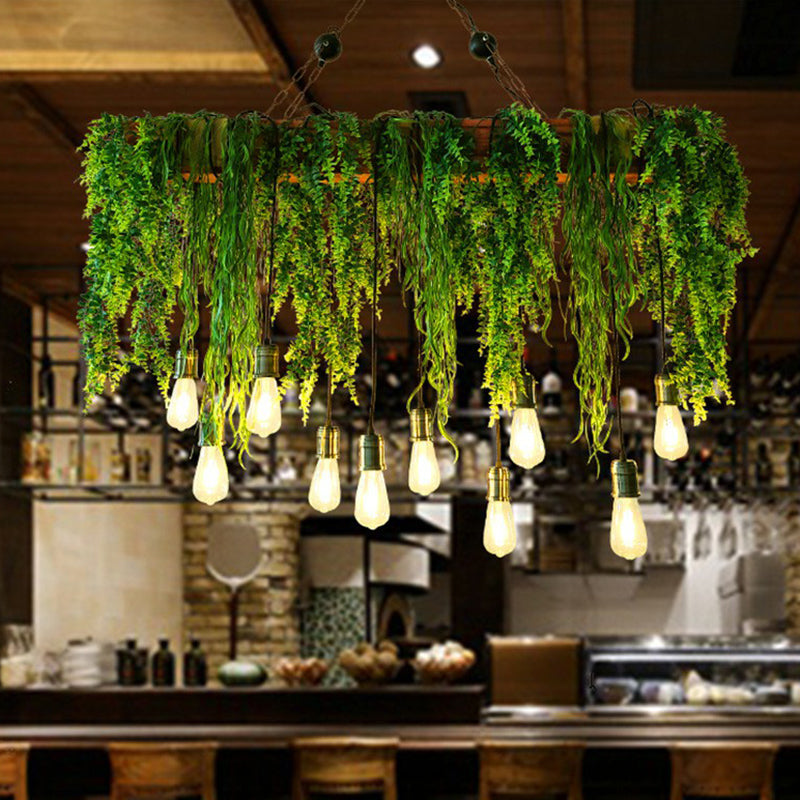 Rectangular Restaurant Pendant Light Fixture Rustic Iron Hanging Island Light with Fake Plant Decoration 10 Green 39" Clearhalo 'Ceiling Lights' 'Island Lights' Lighting' 2385524