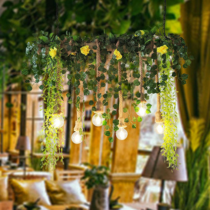 hanging plants and lights Rectangular Restaurant Pendant Light Fixture Rustic Iron Hanging Island Light with Fake Plant Decoration