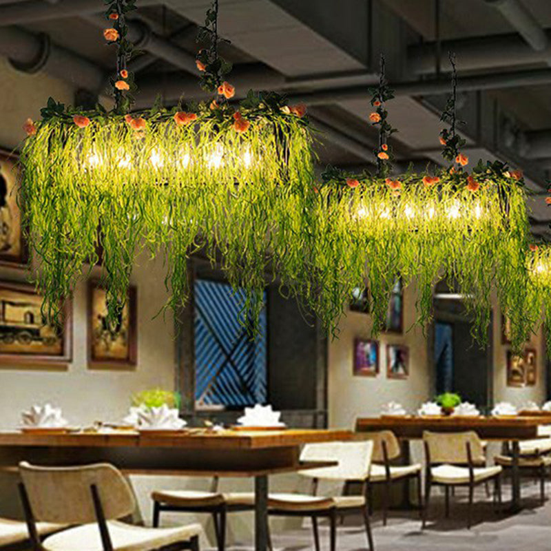 fake plants to hang from ceiling Rectangular Restaurant Pendant Light Fixture Rustic Iron Hanging Island Light with Fake Plant Decoration