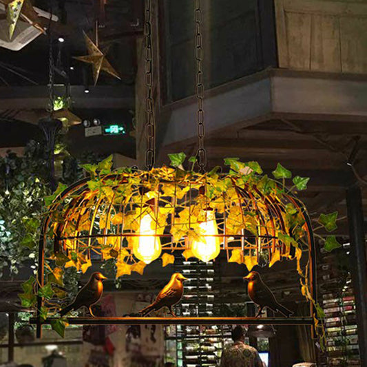 Cage Metal Island Pendant Light Industrial Dining Room Hanging Lamp with Imitation Leaf in Green 2 Green Birdcage Clearhalo 'Ceiling Lights' 'Island Lights' Lighting' 2385528