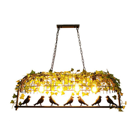 Cage Metal Island Pendant Light Industrial Dining Room Hanging Lamp with Imitation Leaf in Green Clearhalo 'Ceiling Lights' 'Island Lights' Lighting' 2385534