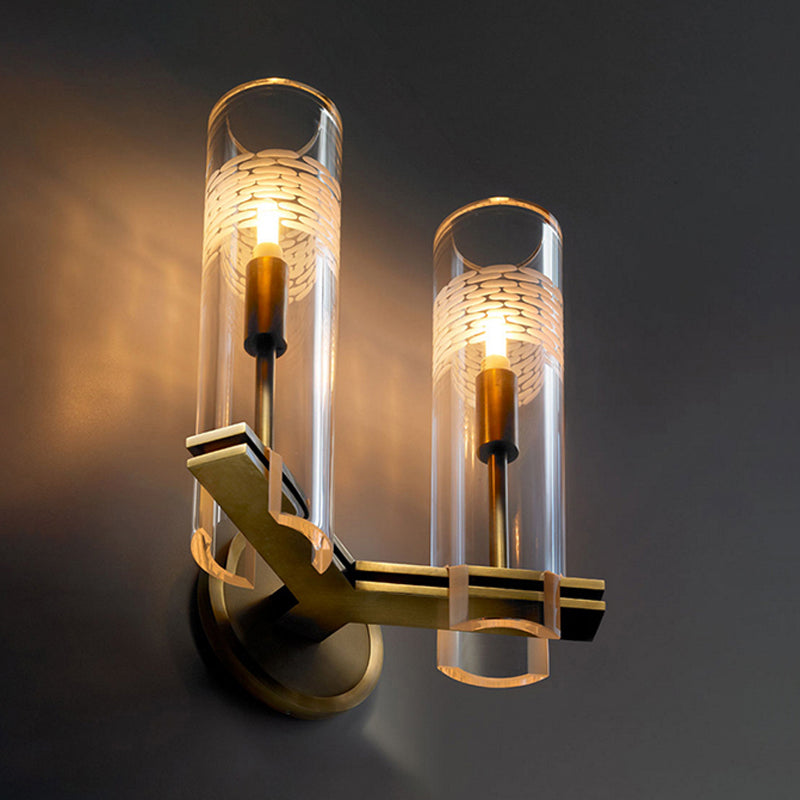 Traditional Tube Wall Mount Lighting Clear Glass 1/2 Heads Wall Mounted Lamp in Gold for Living Room 2.0 Gold Clearhalo 'Wall Lamps & Sconces' 'Wall Lights' Lighting' 238575