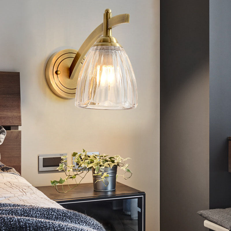 1 Bulb Cone Sconce Lamp Tradition Metal Wall Lighting Fixture in Gold with Ribbed Glass Shade for Bedside Gold Clearhalo 'Wall Lamps & Sconces' 'Wall Lights' Lighting' 238627