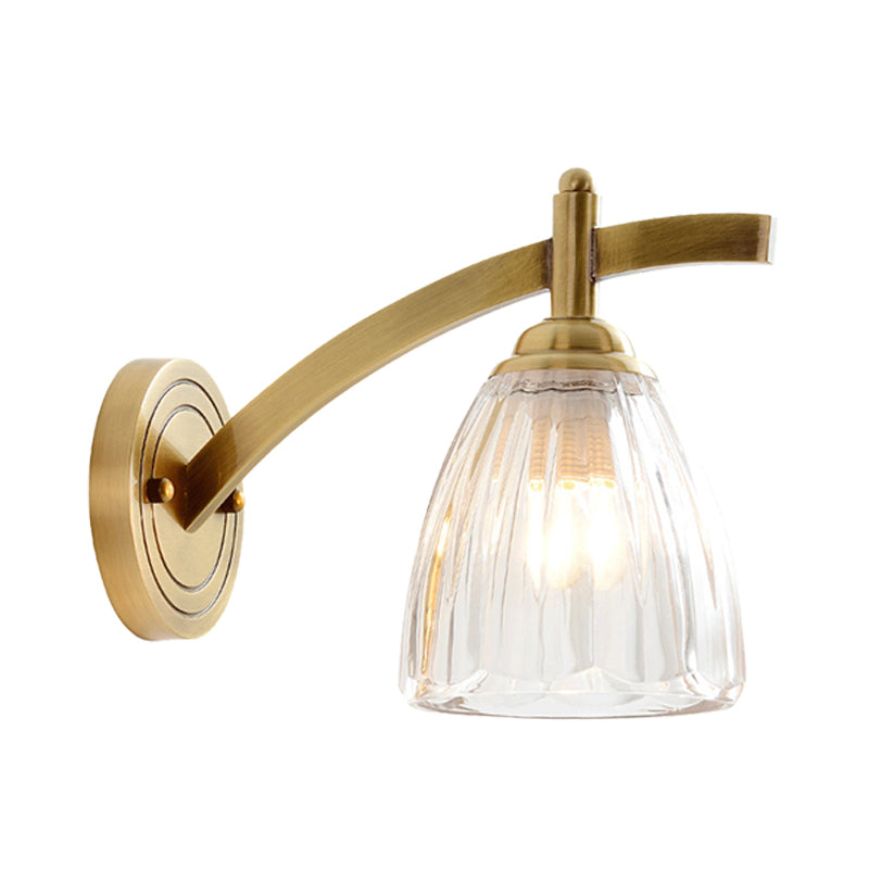 1 Bulb Cone Sconce Lamp Tradition Metal Wall Lighting Fixture in Gold with Ribbed Glass Shade for Bedside Clearhalo 'Wall Lamps & Sconces' 'Wall Lights' Lighting' 238629