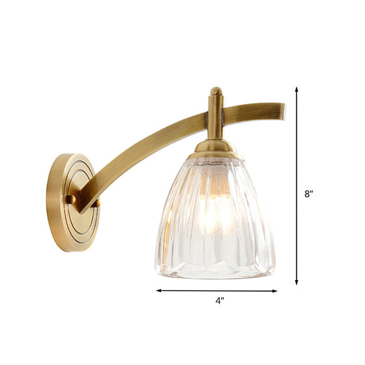 1 Bulb Cone Sconce Lamp Tradition Metal Wall Lighting Fixture in Gold with Ribbed Glass Shade for Bedside Clearhalo 'Wall Lamps & Sconces' 'Wall Lights' Lighting' 238630