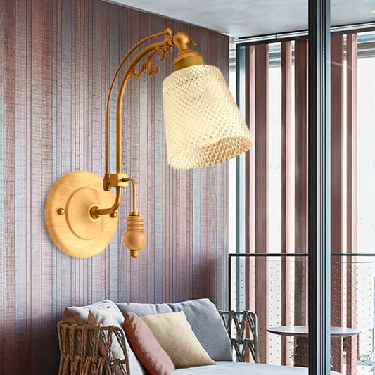 1 Bulb Cone Sconce Lamp Tradition Prismatic Glass Wall Lighting Fixture in Brass with Curved Arm Clearhalo 'Wall Lamps & Sconces' 'Wall Lights' Lighting' 238698