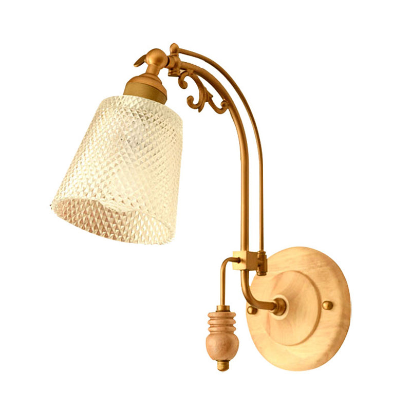 1 Bulb Cone Sconce Lamp Tradition Prismatic Glass Wall Lighting Fixture in Brass with Curved Arm Clearhalo 'Wall Lamps & Sconces' 'Wall Lights' Lighting' 238699