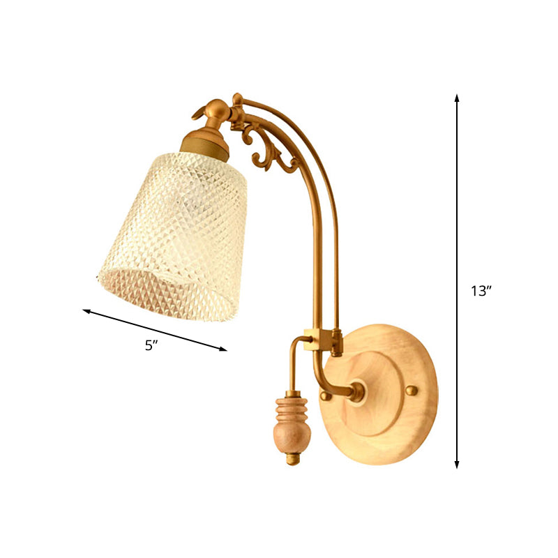 1 Bulb Cone Sconce Lamp Tradition Prismatic Glass Wall Lighting Fixture in Brass with Curved Arm Clearhalo 'Wall Lamps & Sconces' 'Wall Lights' Lighting' 238700