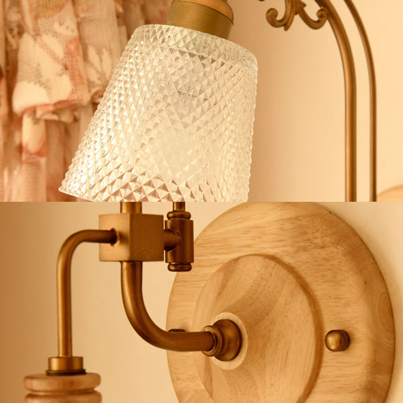 1 Bulb Cone Sconce Lamp Tradition Prismatic Glass Wall Lighting Fixture in Brass with Curved Arm Clearhalo 'Wall Lamps & Sconces' 'Wall Lights' Lighting' 238701