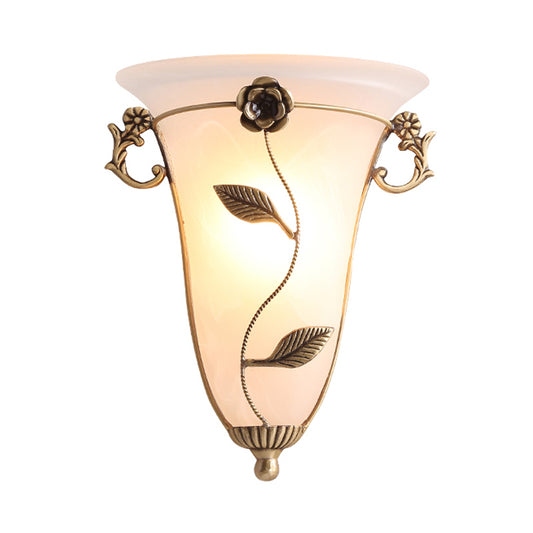 1 Bulb Cone Sconce Lamp Tradition Opal Glass Wall Lighting Fixture in Brass with Flower Clearhalo 'Wall Lamps & Sconces' 'Wall Lights' Lighting' 238747