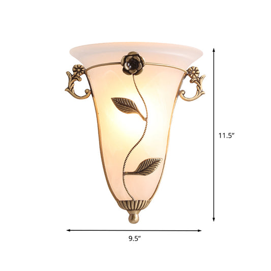 1 Bulb Cone Sconce Lamp Tradition Opal Glass Wall Lighting Fixture in Brass with Flower Clearhalo 'Wall Lamps & Sconces' 'Wall Lights' Lighting' 238748