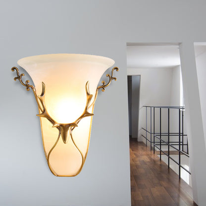 Traditional Trumpet Wall Mount Lighting Frosted Glass 1 Head Wall Mounted Lamp in Brass with Elk Brass Clearhalo 'Wall Lamps & Sconces' 'Wall Lights' Lighting' 238765