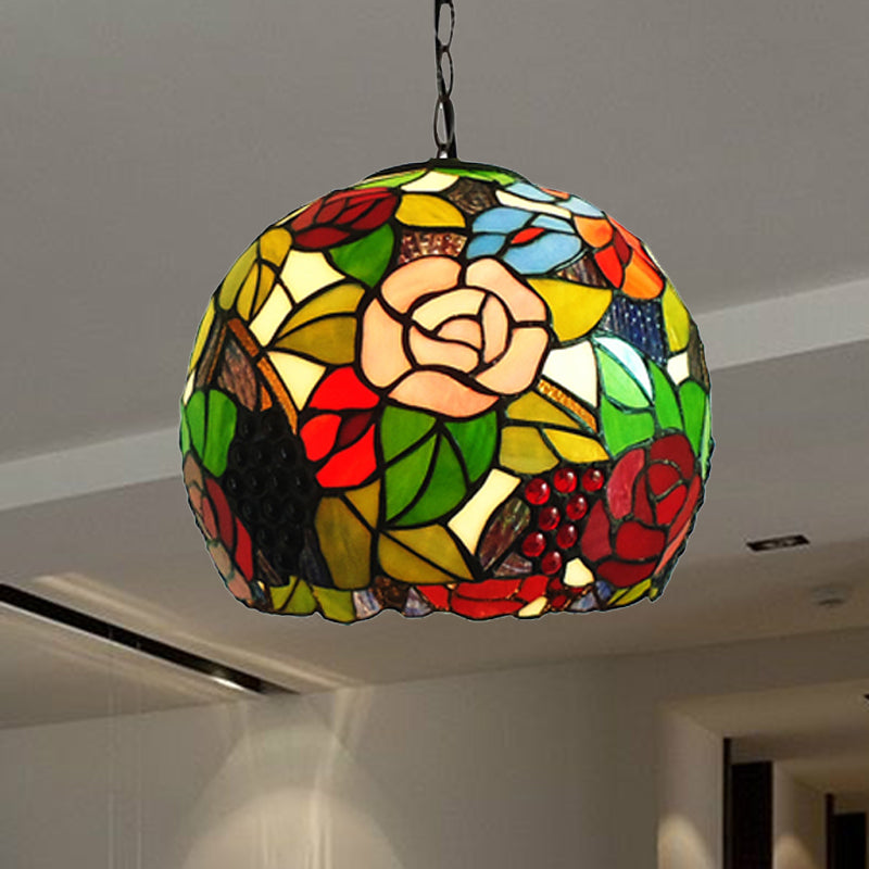 Global Pendant Light Tiffany-Style Stained Glass Antique Bronze 1 Head Ceiling Hanging Light, 10"/12" Wide Clearhalo 'Ceiling Lights' 'Chandeliers' 'Industrial' 'Middle Century Pendants' 'Pendant Lights' 'Pendants' 'Tiffany close to ceiling' 'Tiffany Pendants' 'Tiffany' Lighting' 238861