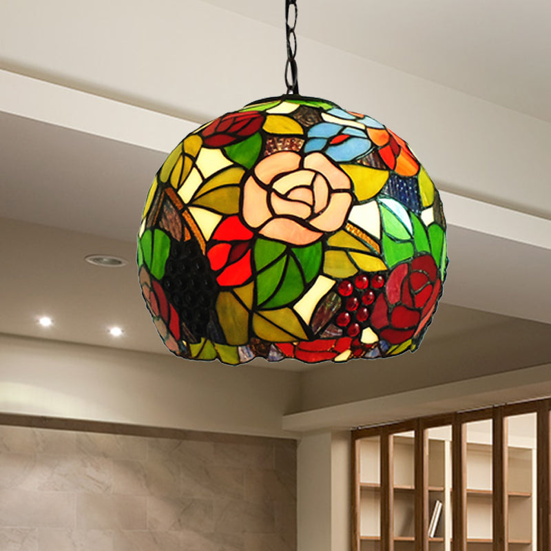 Global Pendant Light Tiffany-Style Stained Glass Antique Bronze 1 Head Ceiling Hanging Light, 10"/12" Wide Clearhalo 'Ceiling Lights' 'Chandeliers' 'Industrial' 'Middle Century Pendants' 'Pendant Lights' 'Pendants' 'Tiffany close to ceiling' 'Tiffany Pendants' 'Tiffany' Lighting' 238862