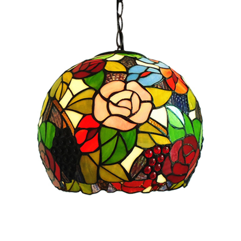 Global Pendant Light Tiffany-Style Stained Glass Antique Bronze 1 Head Ceiling Hanging Light, 10"/12" Wide Clearhalo 'Ceiling Lights' 'Chandeliers' 'Industrial' 'Middle Century Pendants' 'Pendant Lights' 'Pendants' 'Tiffany close to ceiling' 'Tiffany Pendants' 'Tiffany' Lighting' 238863