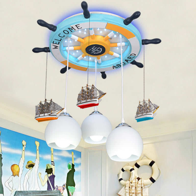 White Glass Dome Flushmount Creative 3-Head Semi Flush Ceiling Light with Rudder Canopy and Boat Decor Yellow Clearhalo 'Ceiling Lights' 'Close To Ceiling Lights' 'Close to ceiling' 'Semi-flushmount' Lighting' 2388719