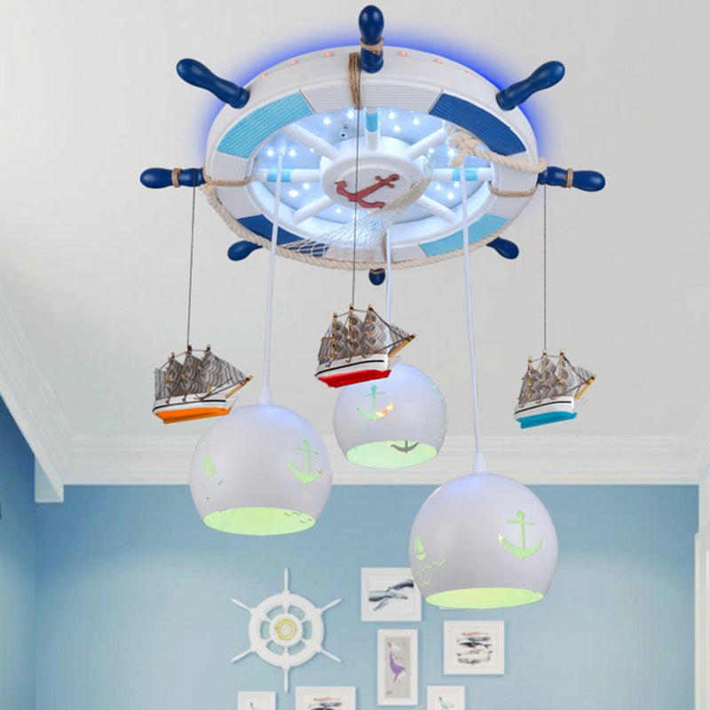 White Glass Dome Flushmount Creative 3-Head Semi Flush Ceiling Light with Rudder Canopy and Boat Decor Blue Clearhalo 'Ceiling Lights' 'Close To Ceiling Lights' 'Close to ceiling' 'Semi-flushmount' Lighting' 2388720