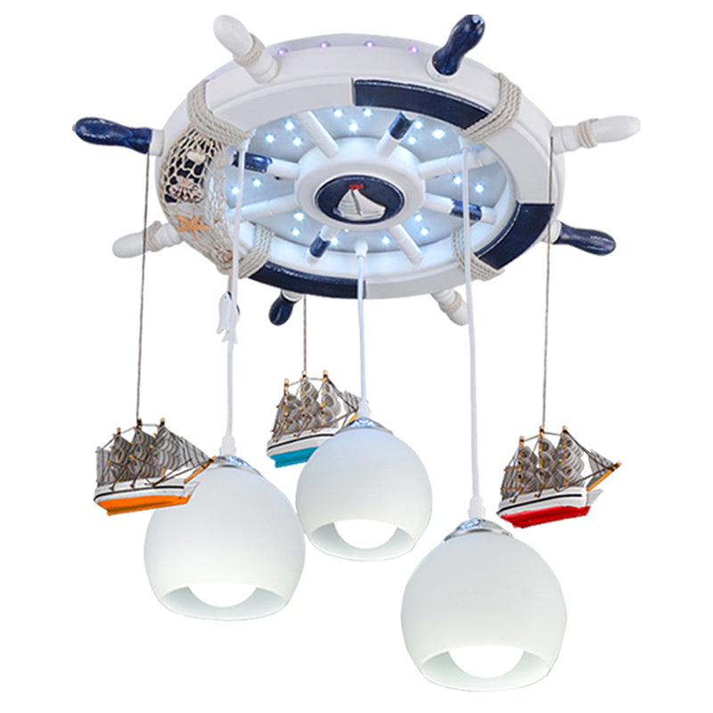 White Glass Dome Flushmount Creative 3-Head Semi Flush Ceiling Light with Rudder Canopy and Boat Decor Clearhalo 'Ceiling Lights' 'Close To Ceiling Lights' 'Close to ceiling' 'Semi-flushmount' Lighting' 2388722