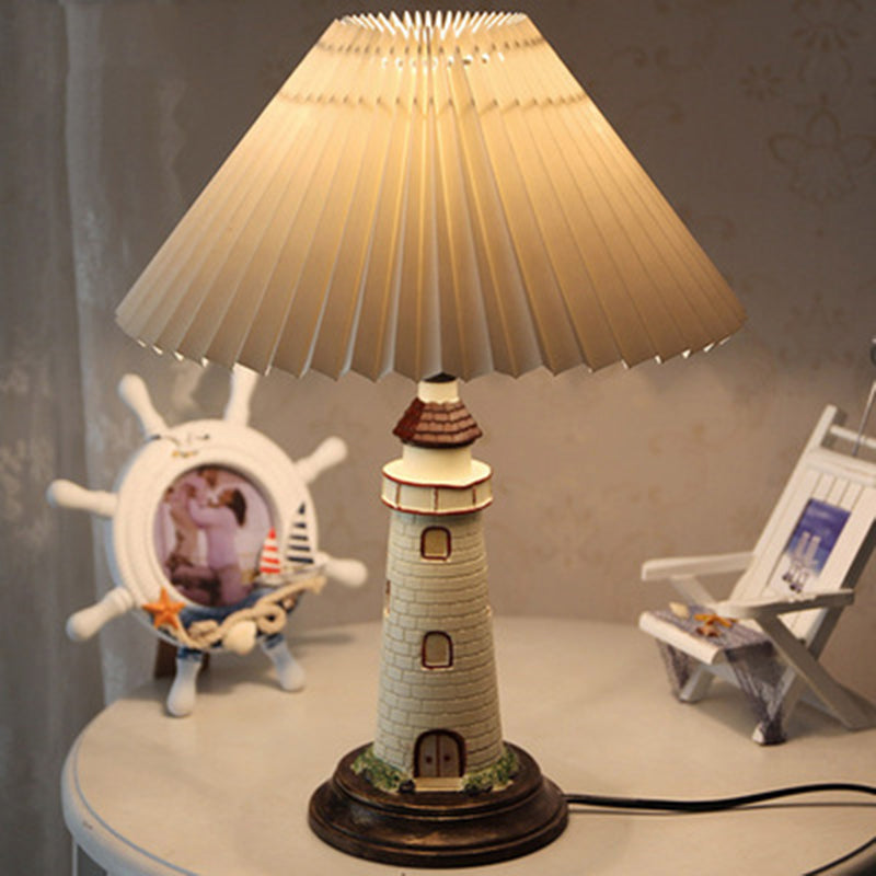 PVC Pleated Shade Table Light Kids 1-Light Nightstand Lamp with Lighthouse Pedestal White Clearhalo 'Lamps' 'Table Lamps' Lighting' 2388726