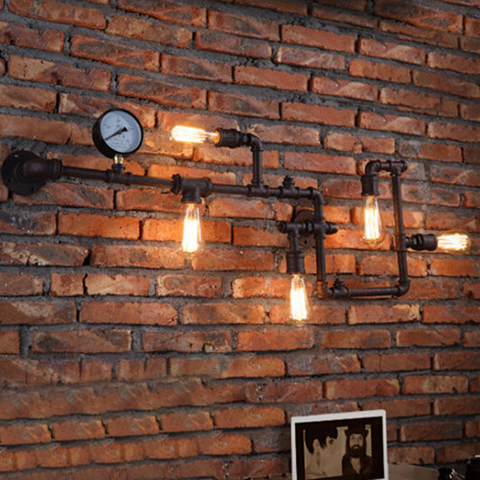 5-Bulb Piping Wall Lamp Steampunk Style Metal Wall Lighting Fixture for Restaurant Clearhalo 'Art deco wall lights' 'Cast Iron' 'Glass' 'Industrial wall lights' 'Industrial' 'Middle century wall lights' 'Modern' 'Rustic wall lights' 'Tiffany' 'Traditional wall lights' 'Wall Lamps & Sconces' 'Wall Lights' Lighting' 2388735