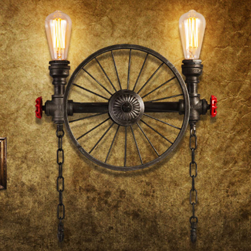Black Wheel Wall Mounted Light Industrial Iron Garage Sconce Lamp with Decorative Chain and Valve Clearhalo 'Art deco wall lights' 'Cast Iron' 'Glass' 'Industrial wall lights' 'Industrial' 'Middle century wall lights' 'Modern' 'Rustic wall lights' 'Tiffany' 'Traditional wall lights' 'Wall Lamps & Sconces' 'Wall Lights' Lighting' 2388739