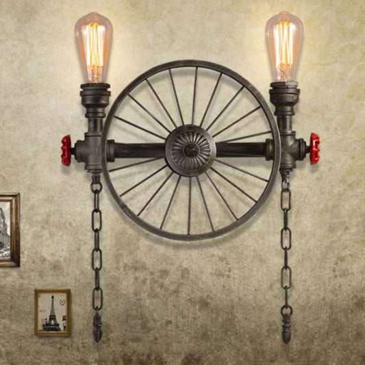 Black Wheel Wall Mounted Light Industrial Iron Garage Sconce Lamp with Decorative Chain and Valve 2.0 Black Clearhalo 'Art deco wall lights' 'Cast Iron' 'Glass' 'Industrial wall lights' 'Industrial' 'Middle century wall lights' 'Modern' 'Rustic wall lights' 'Tiffany' 'Traditional wall lights' 'Wall Lamps & Sconces' 'Wall Lights' Lighting' 2388740