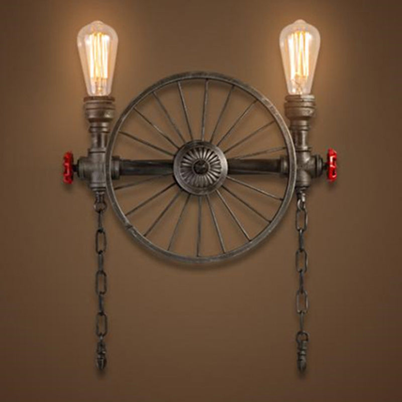 Black Wheel Wall Mounted Light Industrial Iron Garage Sconce Lamp with Decorative Chain and Valve Clearhalo 'Art deco wall lights' 'Cast Iron' 'Glass' 'Industrial wall lights' 'Industrial' 'Middle century wall lights' 'Modern' 'Rustic wall lights' 'Tiffany' 'Traditional wall lights' 'Wall Lamps & Sconces' 'Wall Lights' Lighting' 2388741