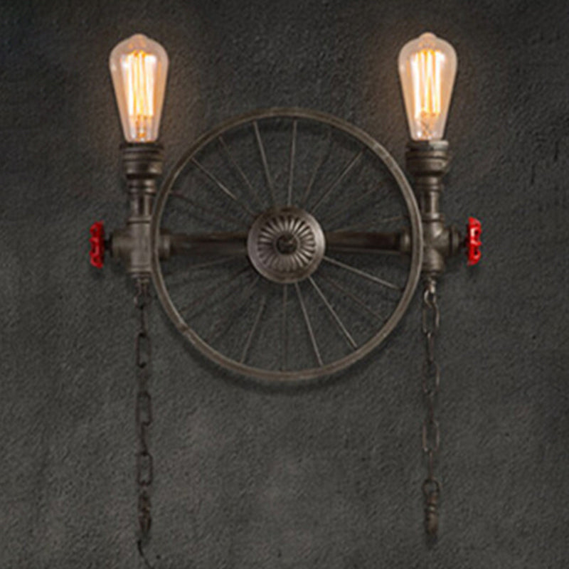 Black Wheel Wall Mounted Light Industrial Iron Garage Sconce Lamp with Decorative Chain and Valve Clearhalo 'Art deco wall lights' 'Cast Iron' 'Glass' 'Industrial wall lights' 'Industrial' 'Middle century wall lights' 'Modern' 'Rustic wall lights' 'Tiffany' 'Traditional wall lights' 'Wall Lamps & Sconces' 'Wall Lights' Lighting' 2388742