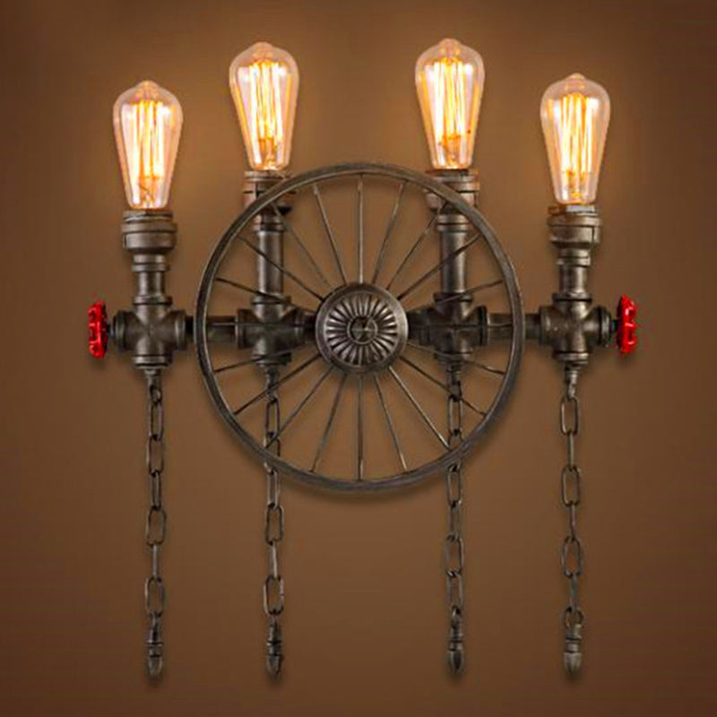 Black Wheel Wall Mounted Light Industrial Iron Garage Sconce Lamp with Decorative Chain and Valve 4.0 Black Clearhalo 'Art deco wall lights' 'Cast Iron' 'Glass' 'Industrial wall lights' 'Industrial' 'Middle century wall lights' 'Modern' 'Rustic wall lights' 'Tiffany' 'Traditional wall lights' 'Wall Lamps & Sconces' 'Wall Lights' Lighting' 2388743