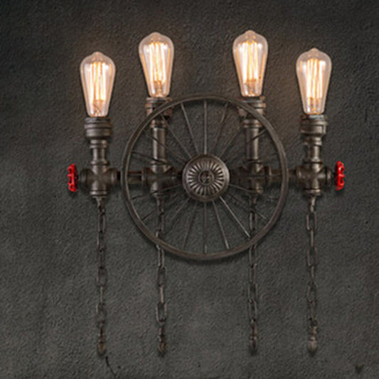 Black Wheel Wall Mounted Light Industrial Iron Garage Sconce Lamp with Decorative Chain and Valve Clearhalo 'Art deco wall lights' 'Cast Iron' 'Glass' 'Industrial wall lights' 'Industrial' 'Middle century wall lights' 'Modern' 'Rustic wall lights' 'Tiffany' 'Traditional wall lights' 'Wall Lamps & Sconces' 'Wall Lights' Lighting' 2388744