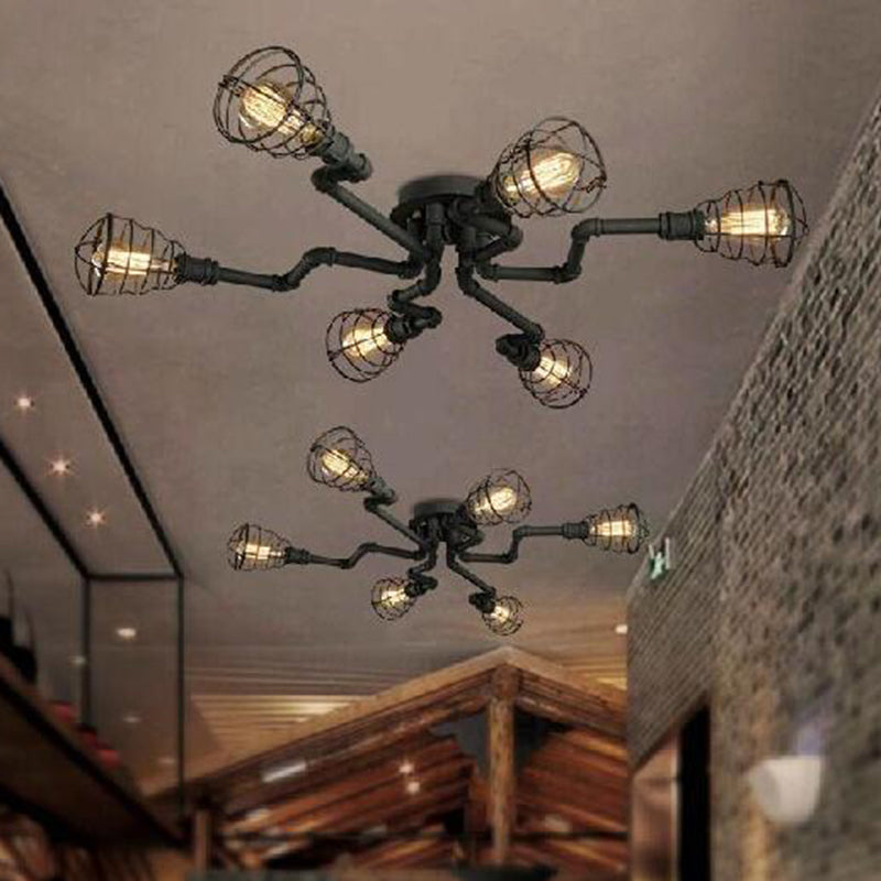 Iron Wire Cage Ceiling Lighting Industrial Entryway Semi Flush Mount Light in Black Clearhalo 'Ceiling Lights' 'Close To Ceiling Lights' 'Close to ceiling' 'Semi-flushmount' Lighting' 2388763