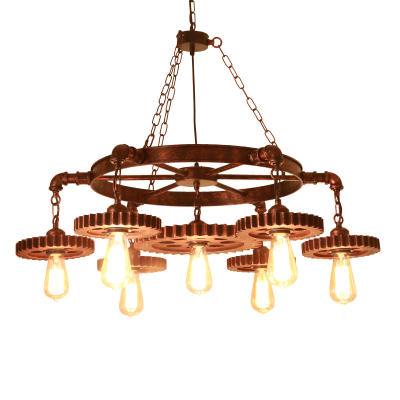 Bronze Finish Chandelier Factory Style Iron Bare Bulb Suspension Light with Gear and Wheel Deco Clearhalo 'Cast Iron' 'Ceiling Lights' 'Chandeliers' 'Industrial Chandeliers' 'Industrial' 'Metal' 'Middle Century Chandeliers' 'Rustic Chandeliers' 'Tiffany' Lighting' 2388768