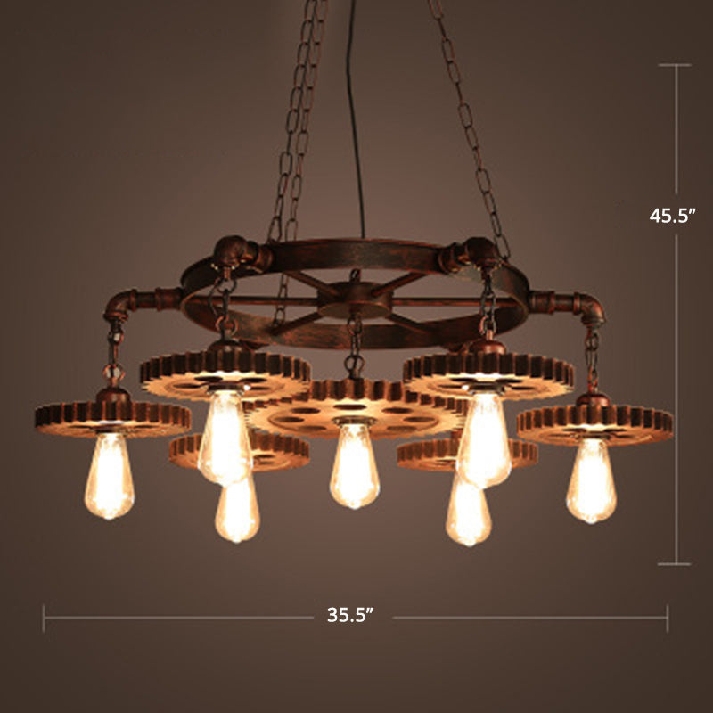 Bronze Finish Chandelier Factory Style Iron Bare Bulb Suspension Light with Gear and Wheel Deco Clearhalo 'Cast Iron' 'Ceiling Lights' 'Chandeliers' 'Industrial Chandeliers' 'Industrial' 'Metal' 'Middle Century Chandeliers' 'Rustic Chandeliers' 'Tiffany' Lighting' 2388769